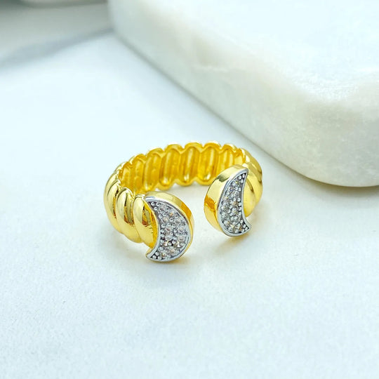 Gold Plated Adjustable Crescent Ring, CZ Pavé Moon Design, Textured Open Band, Wholesale Jewelry