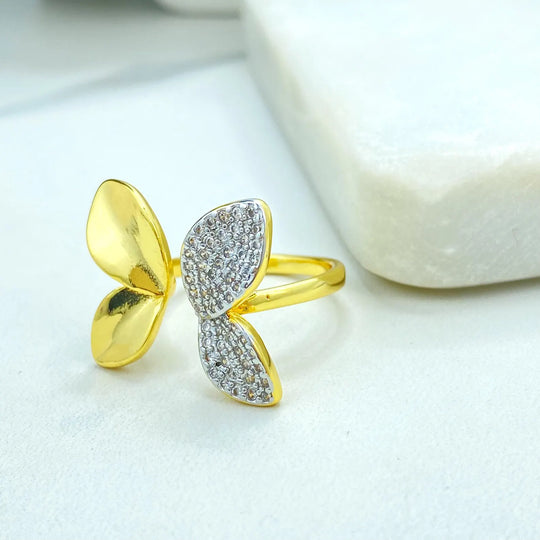 Gold Plated Adjustable Butterfly Leaf Ring, Dual-Tone CZ Pavé Design, Wholesale Jewelry