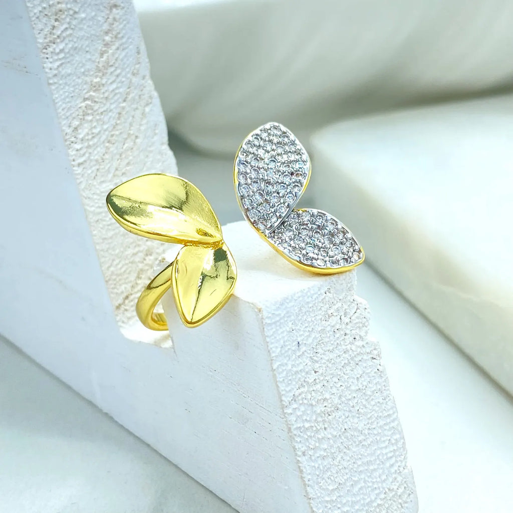 Gold Plated Adjustable Butterfly Leaf Ring, Dual-Tone CZ Pavé Design, Wholesale Jewelry