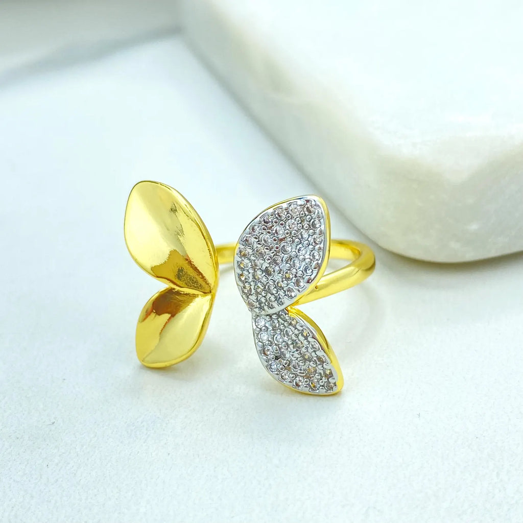 Gold Plated Adjustable Butterfly Leaf Ring, Dual-Tone CZ Pavé Design, Wholesale Jewelry