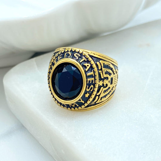 Gold Stainless Steel Men’s Ring with Black Stone – Vintage United States Eagle Military Design