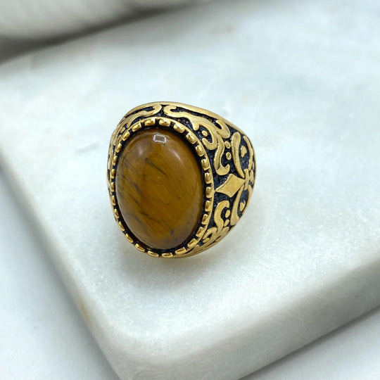 Stainless Steel Vintage Men's Ring with Brown Stone, Bold Statement Jewelry, Wholesale Jewelry