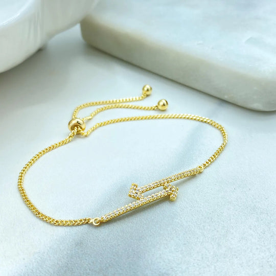 18k Gold Filled Adjustable Arrow Bracelet, Micro CZ Pavé Design, Dainty Minimalist Jewelry, Wholesale Jewelry