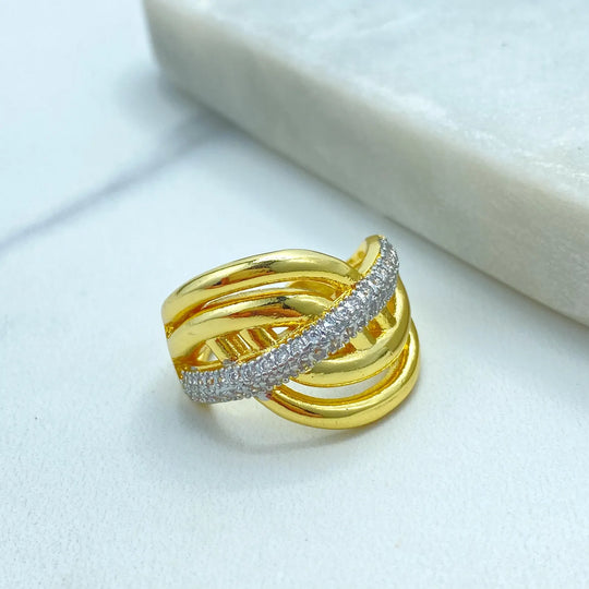 Gold Plated Adjustable Multi-Band Ring, CZ Pavé Statement Ring, Dainty Layered Design, Wholesale Jewelry