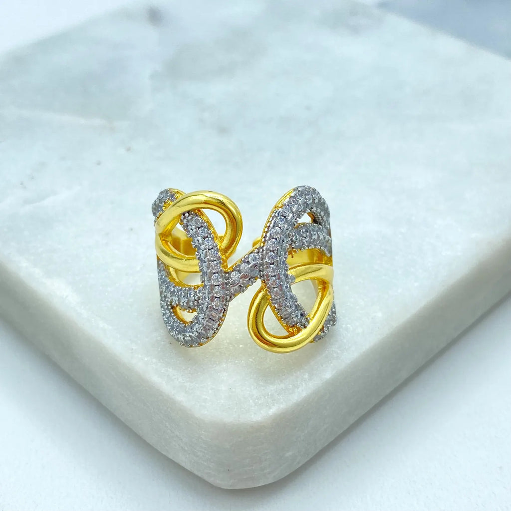 Gold Plated Adjustable Infinity CZ Ring, Statement Knot Ring, Open Band Design, Wholesale Jewelry