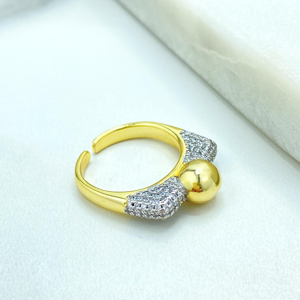Gold Plated Adjustable Sphere Ring, CZ Pavé Side Detailing, Modern Open Band, Wholesale Jewelry