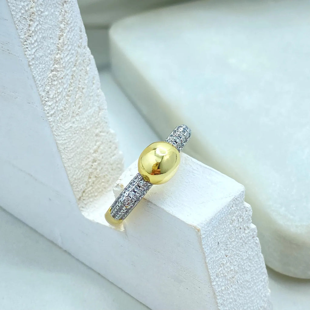 Gold Plated Adjustable Sphere Ring, CZ Pavé Side Detailing, Modern Open Band, Wholesale Jewelry