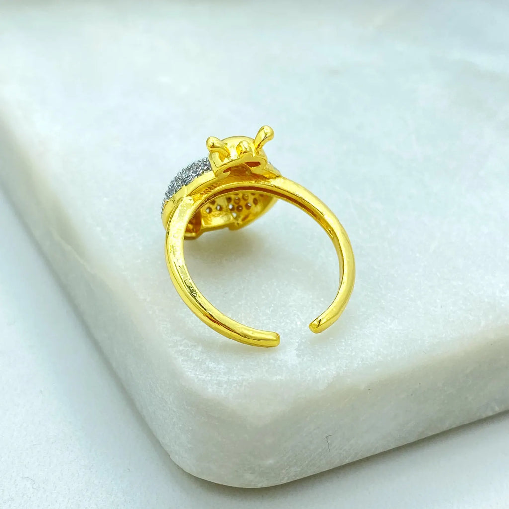 Gold Plated Adjustable Ladybug Ring, CZ Pavé Insect Design, Cute & Elegant Open Band, Wholesale Jewelry