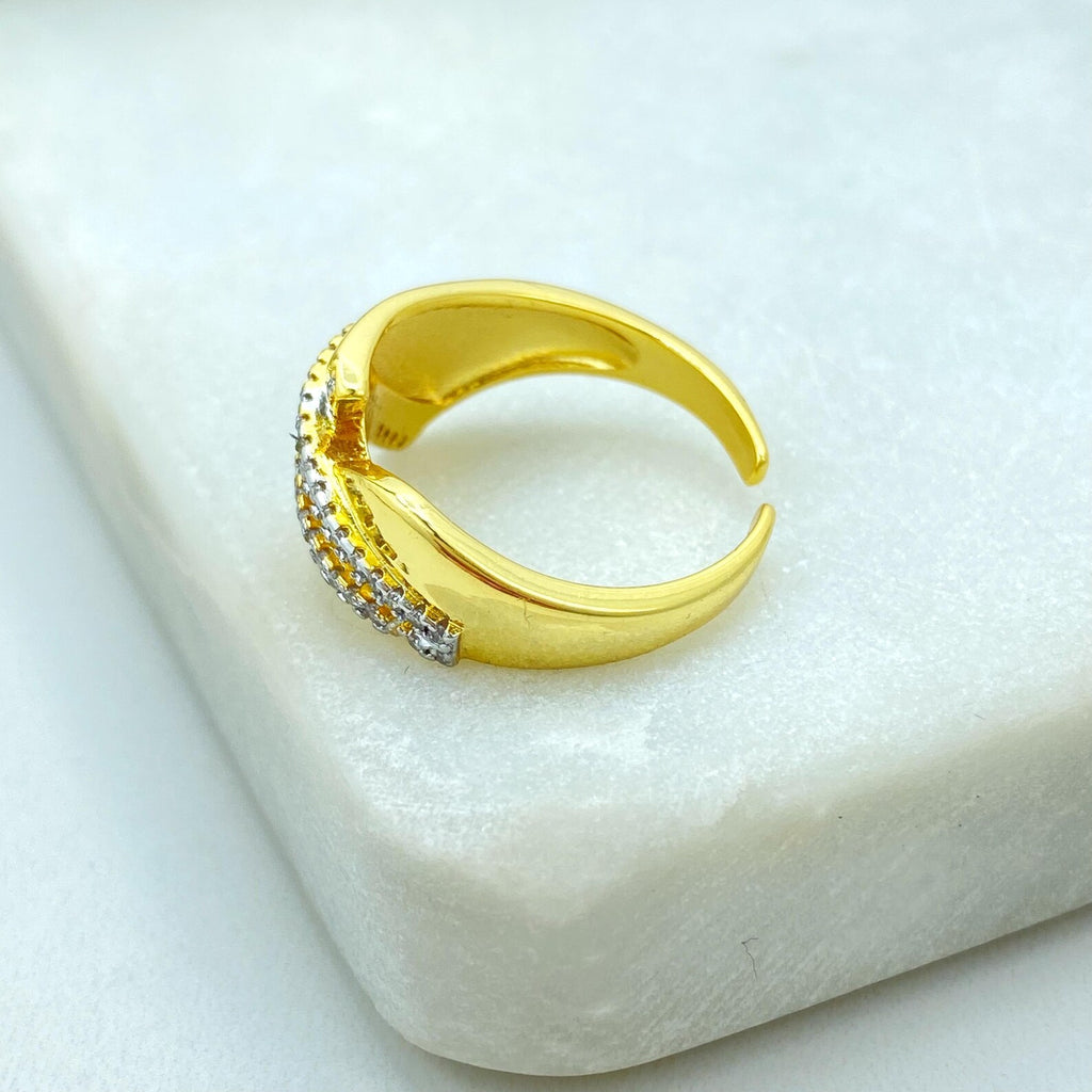 Gold Plated Adjustable Crossed CZ Ring, Elegant Double Row Design, Open Band, Wholesale Jewelry
