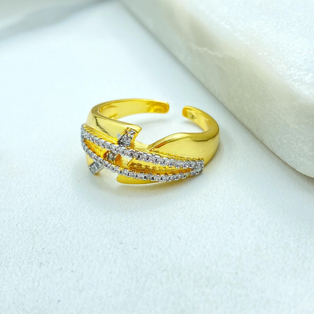Gold Plated Adjustable Crossed CZ Ring, Elegant Double Row Design, Open Band, Wholesale Jewelry
