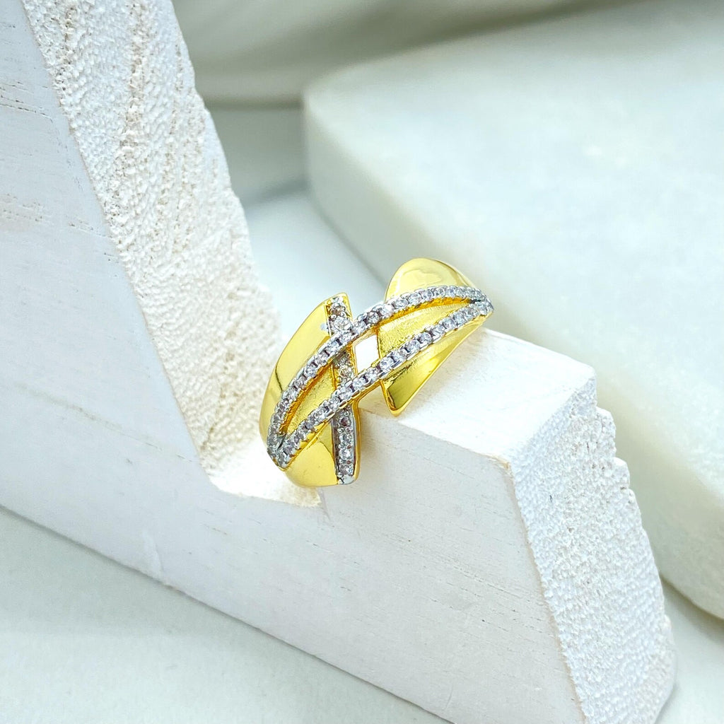 Gold Plated Adjustable Crossed CZ Ring, Elegant Double Row Design, Open Band, Wholesale Jewelry