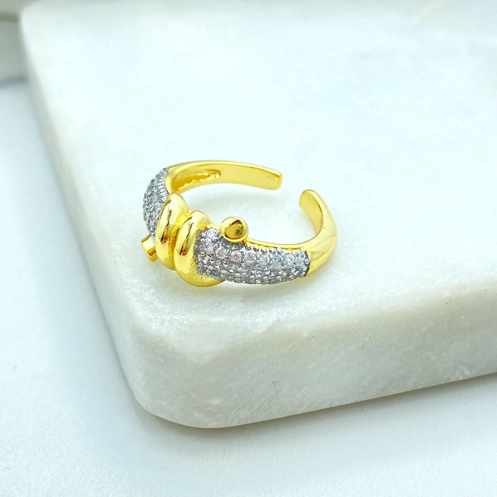 Gold Plated Adjustable Knot Ring, CZ Pavé Detail, Elegant Open Band, Wholesale Jewelry