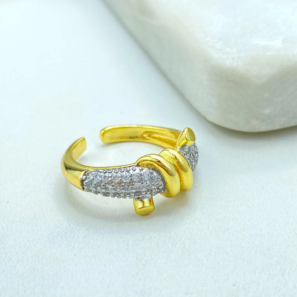 Gold Plated Adjustable Knot Ring, CZ Pavé Detail, Elegant Open Band, Wholesale Jewelry