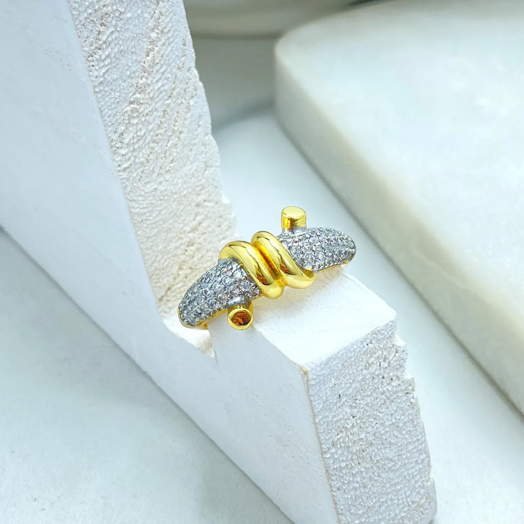 Gold Plated Adjustable Knot Ring, CZ Pavé Detail, Elegant Open Band, Wholesale Jewelry