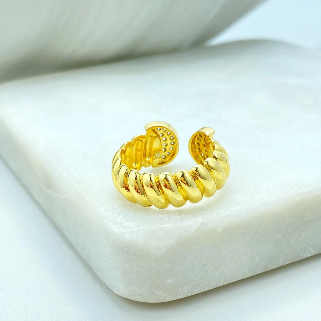 Gold Plated Adjustable Crescent Ring, CZ Pavé Moon Design, Textured Open Band, Wholesale Jewelry
