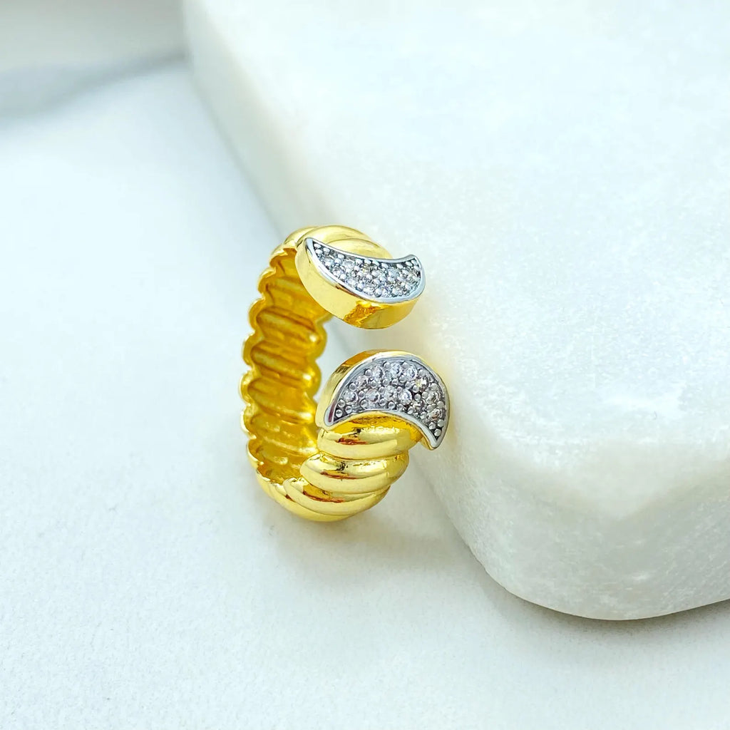 Gold Plated Adjustable Crescent Ring, CZ Pavé Moon Design, Textured Open Band, Wholesale Jewelry