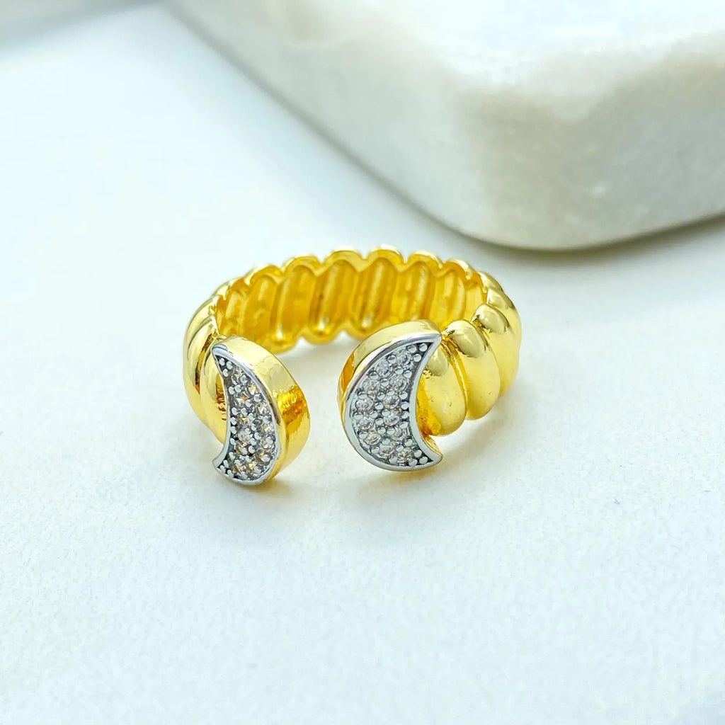 Gold Plated Adjustable Crescent Ring, CZ Pavé Moon Design, Textured Open Band, Wholesale Jewelry