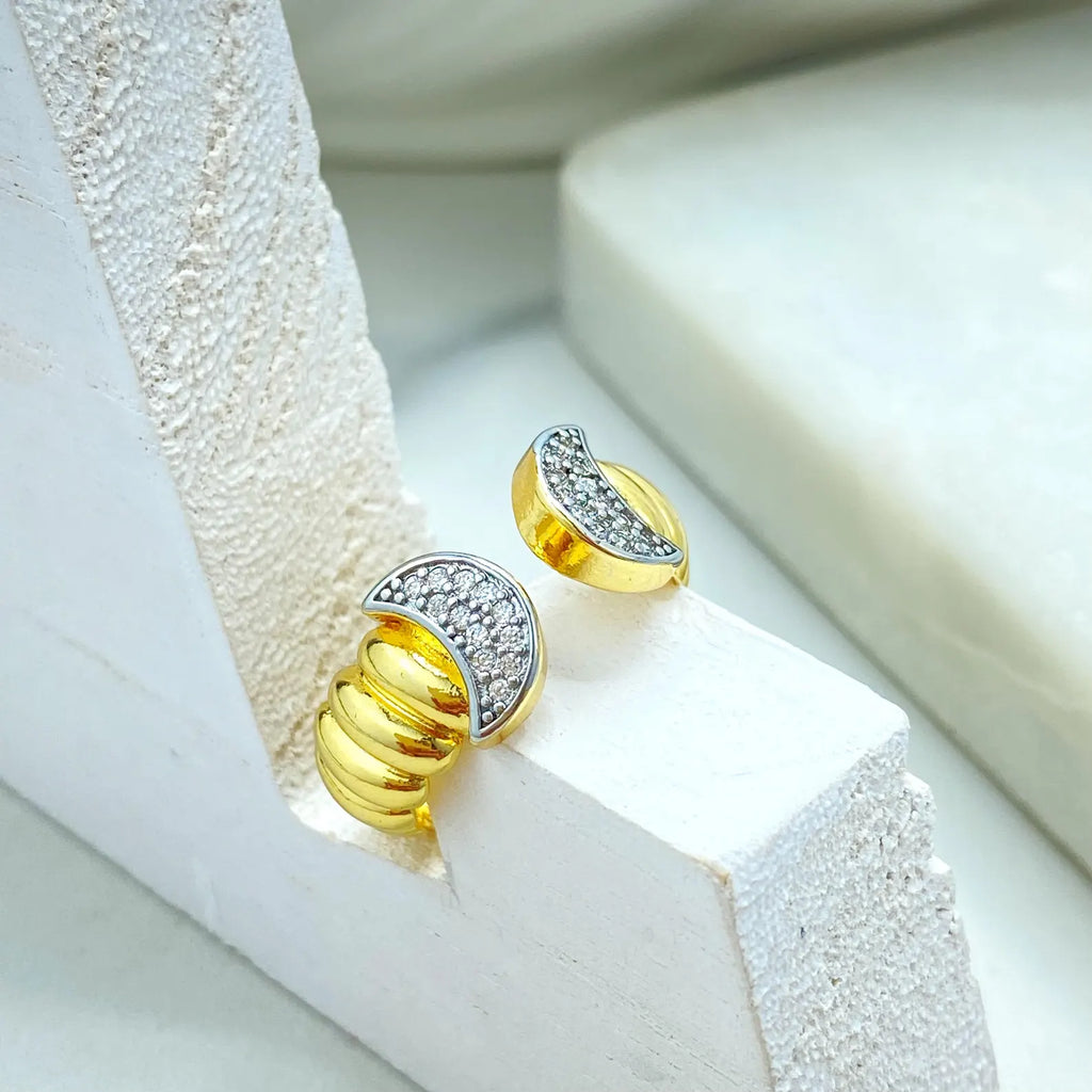 Gold Plated Adjustable Crescent Ring, CZ Pavé Moon Design, Textured Open Band, Wholesale Jewelry