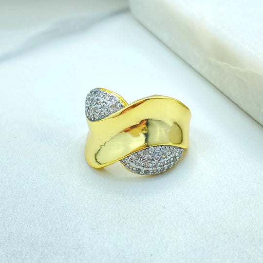 Gold Plated Adjustable Sculpted CZ Ring, Modern Wave Design, Statement Open Band, Wholesale Jewelry