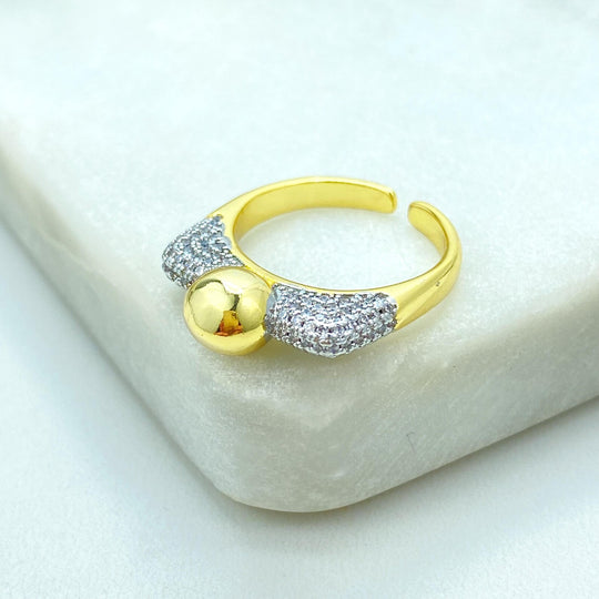 Gold Plated Adjustable Sphere Ring, CZ Pavé Side Detailing, Modern Open Band, Wholesale Jewelry