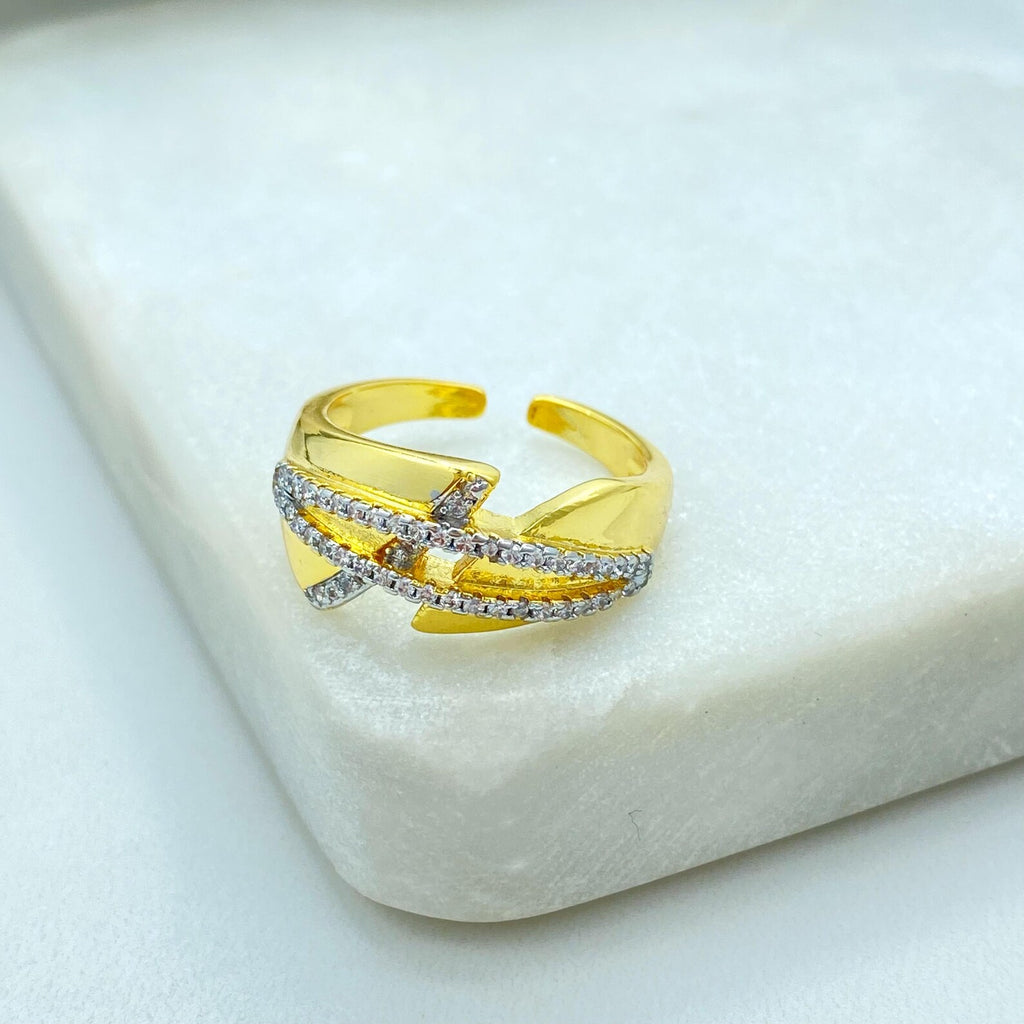 Gold Plated Adjustable Crossed CZ Ring, Elegant Double Row Design, Open Band, Wholesale Jewelry