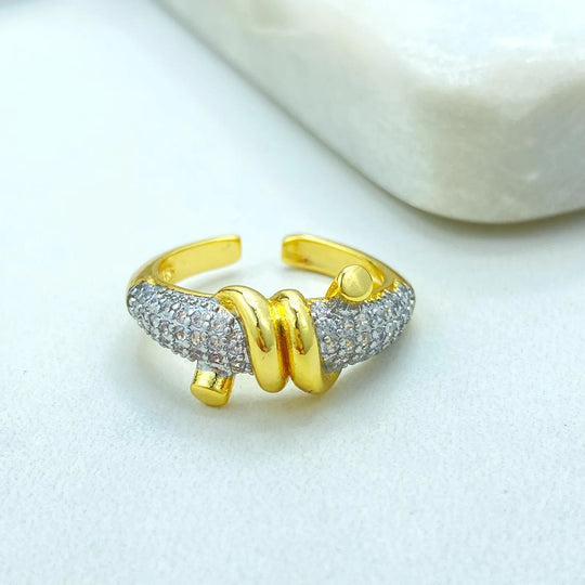 Gold Plated Adjustable Knot Ring, CZ Pavé Detail, Elegant Open Band, Wholesale Jewelry