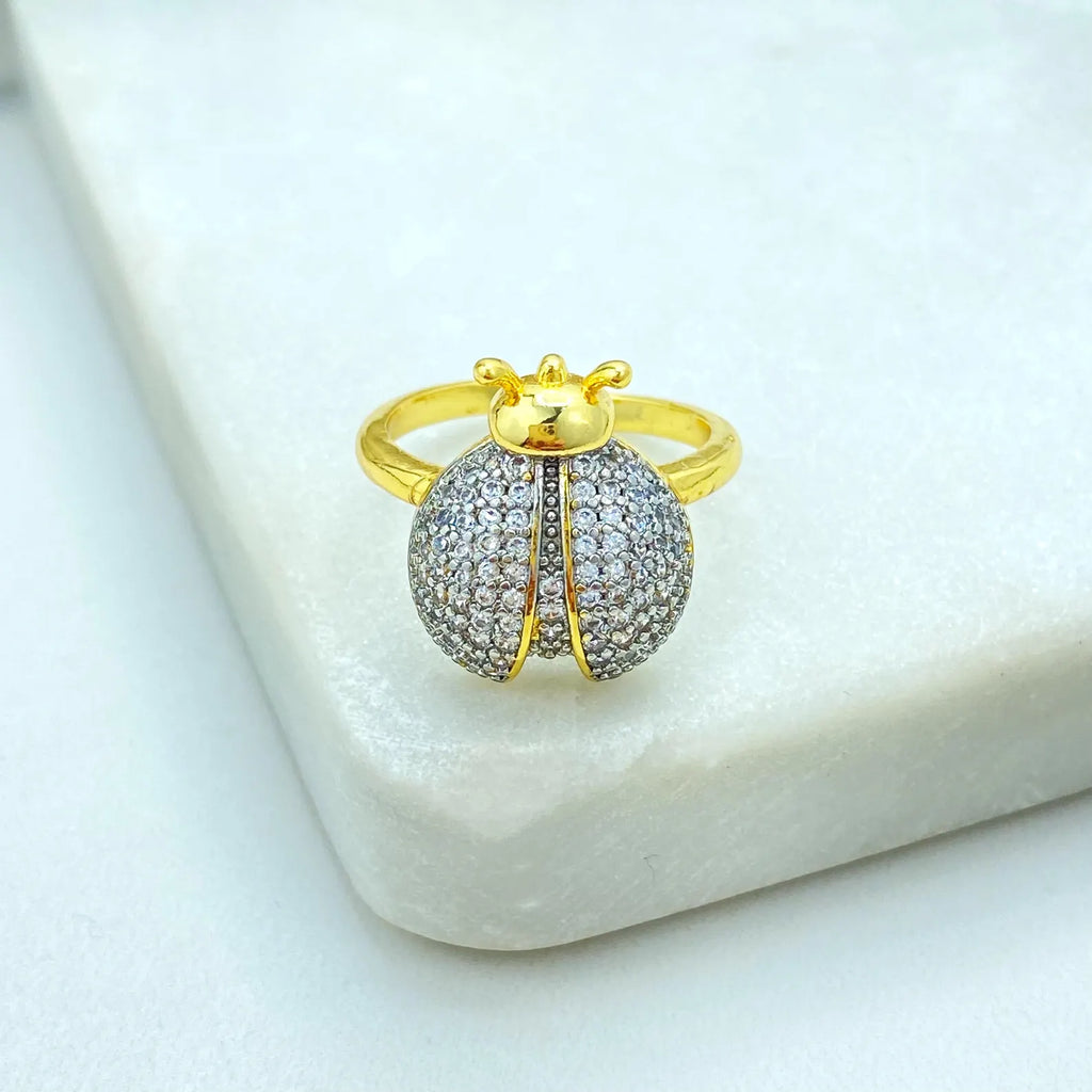 Gold Plated Adjustable Ladybug Ring, CZ Pavé Insect Design, Cute & Elegant Open Band, Wholesale Jewelry