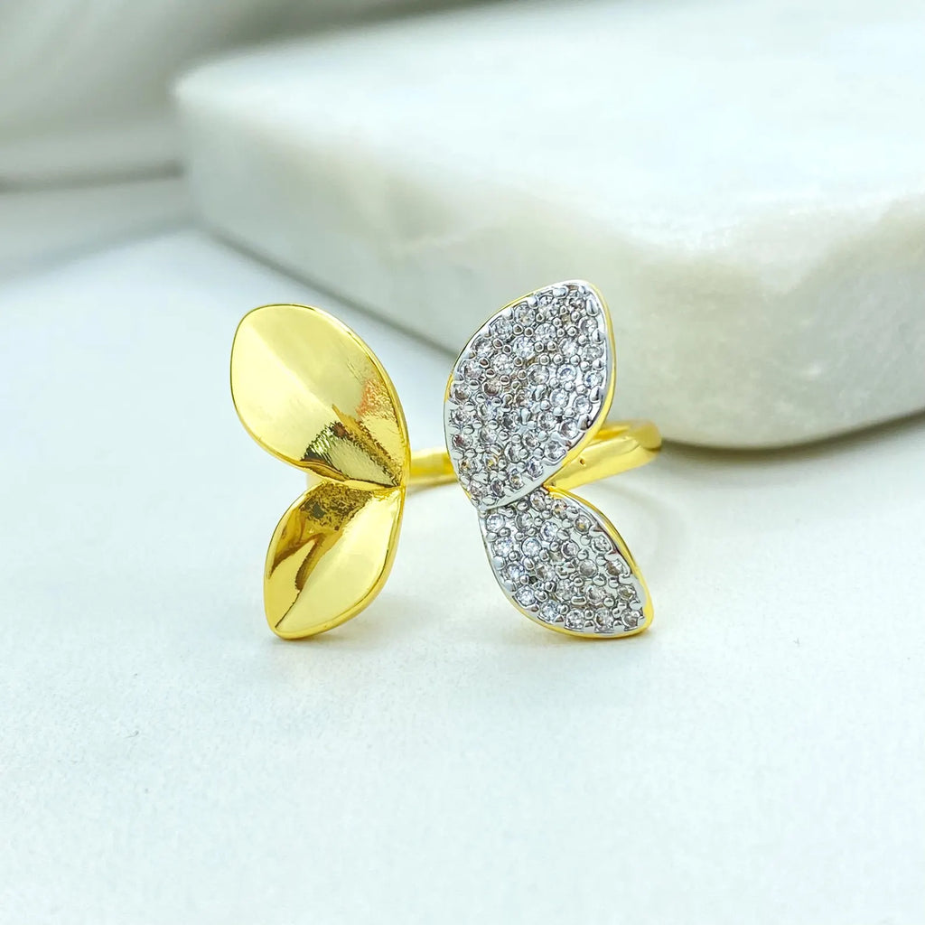 Gold Plated Adjustable Butterfly Leaf Ring, Dual-Tone CZ Pavé Design, Wholesale Jewelry