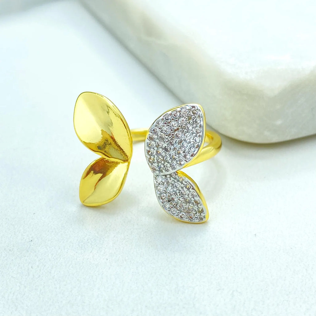 Gold Plated Adjustable Butterfly Leaf Ring, Dual-Tone CZ Pavé Design, Wholesale Jewelry