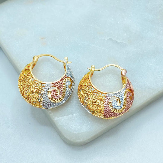 18K Gold Filled Three Tone Filigree Hoop Earrings