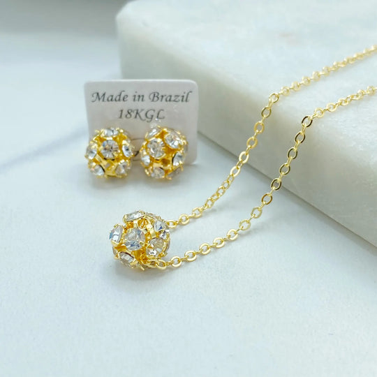 18K Gold Filled CZ Ball Jewelry Set — Necklace & Stud Earrings