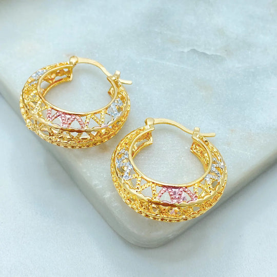 18K Gold Filled Three Tone Filigree Hoop Earrings — Classic