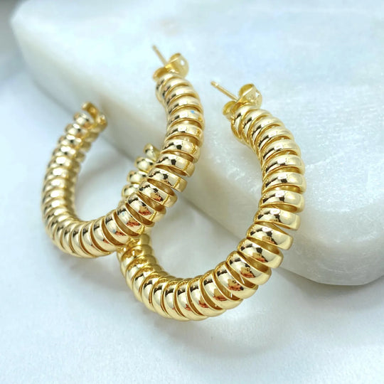 18K Gold Filled Ribbed C Hoop Earrings — 35mm Bold