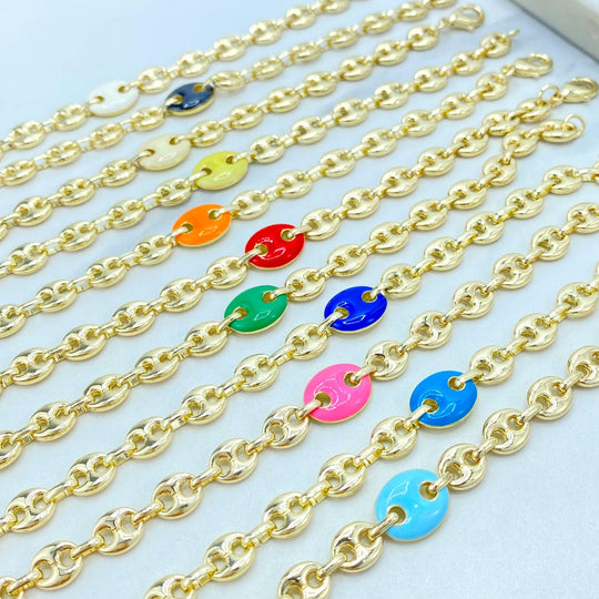 18K Gold Filled Mariner Link Bracelet — Enamel Disc