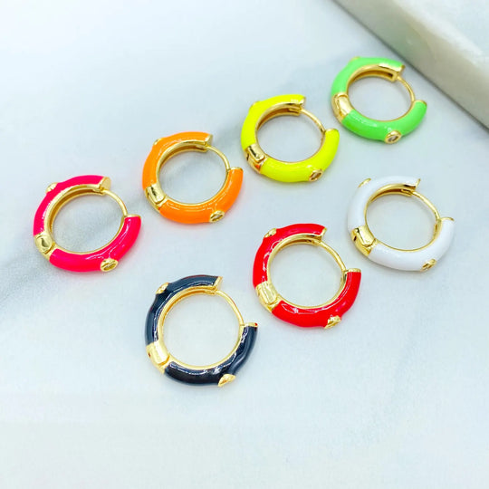 18K Gold Filled Enamel Huggie Hoop Earrings — CZ