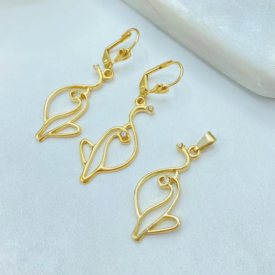18K Gold Filled Kitty Outline Jewelry Set — CZ Detail Pendant & Leverback Earrings