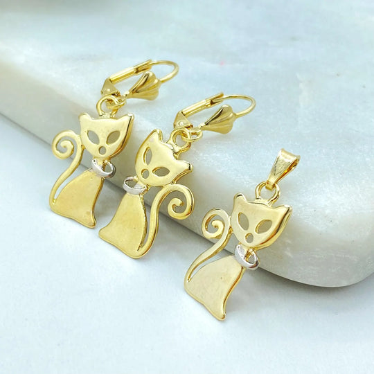 18K Gold Filled Cat Charm Jewelry Set — Pendant & Leverback Earrings Two Tone