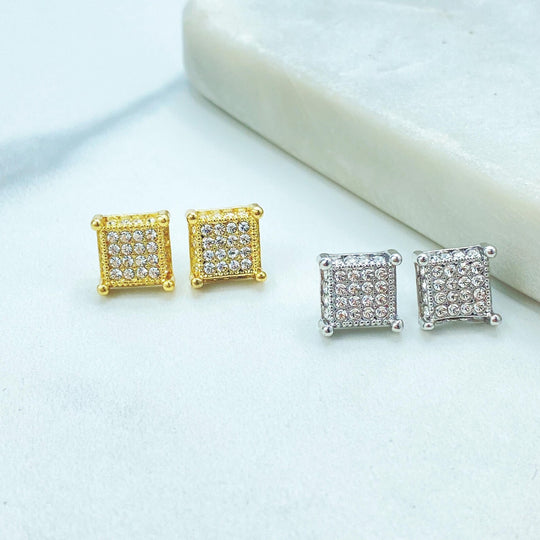 18K Gold Filled Square Stud Earrings — CZ Pave, Unisex, Silver Filled Option