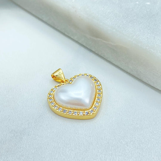 18K Gold Filled Heart Pearl Charm — CZ Border