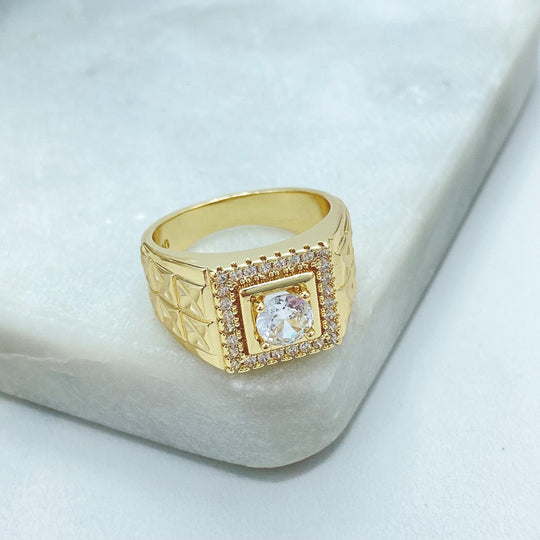 18K Gold Filled Men's Square CZ Ring — Textured