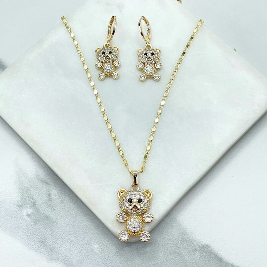 18k Gold Filled Cubic Zirconia Little Teddy Bear Shape Charm with Marine Chain Necklace & Huggie Earrings with Dangle Charms SET