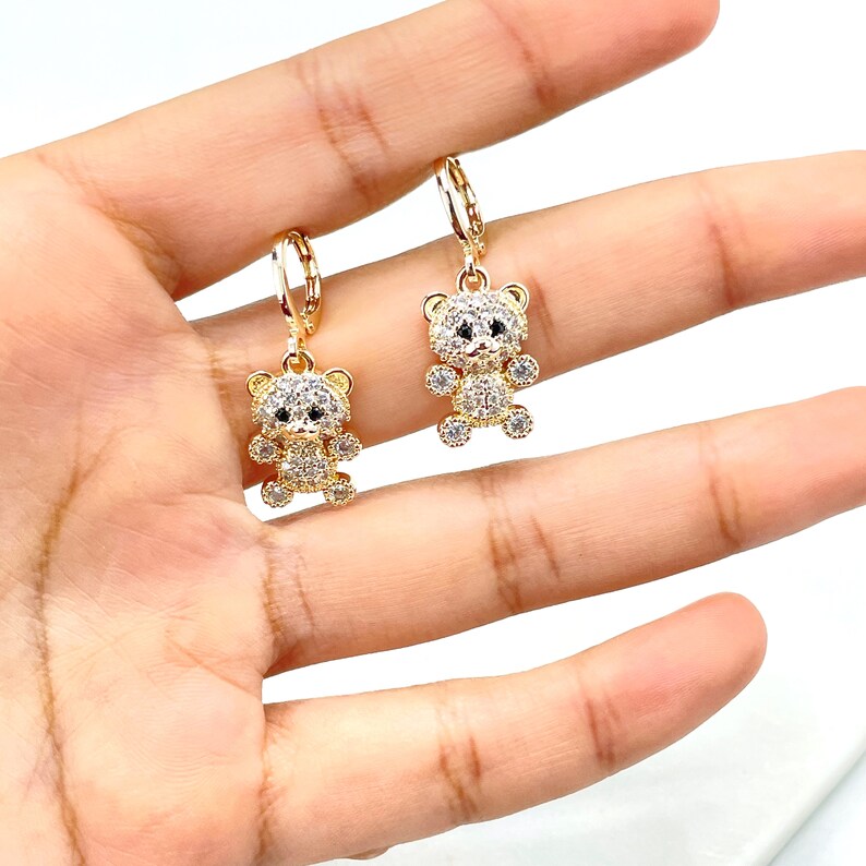 18k Gold Filled Cubic Zirconia Little Teddy Bear Shape Charm with Marine Chain Necklace & Huggie Earrings with Dangle Charms SET