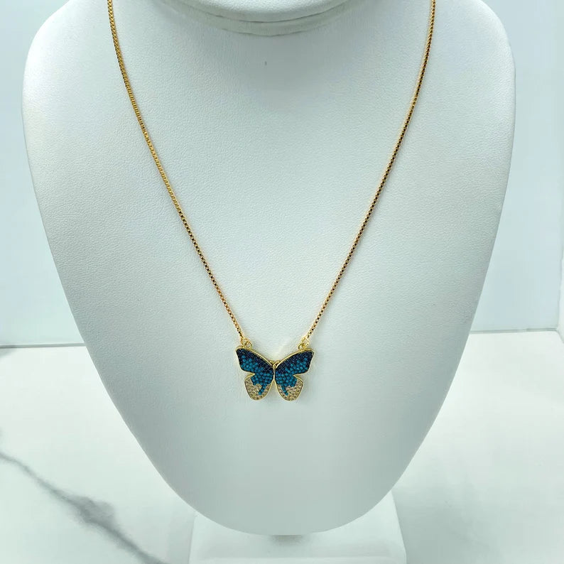 18k Gold Filled Blue and White Micro Pave Cubic Zirconia Butterfly Shape Charm with Box Chain Necklace, Wholesale