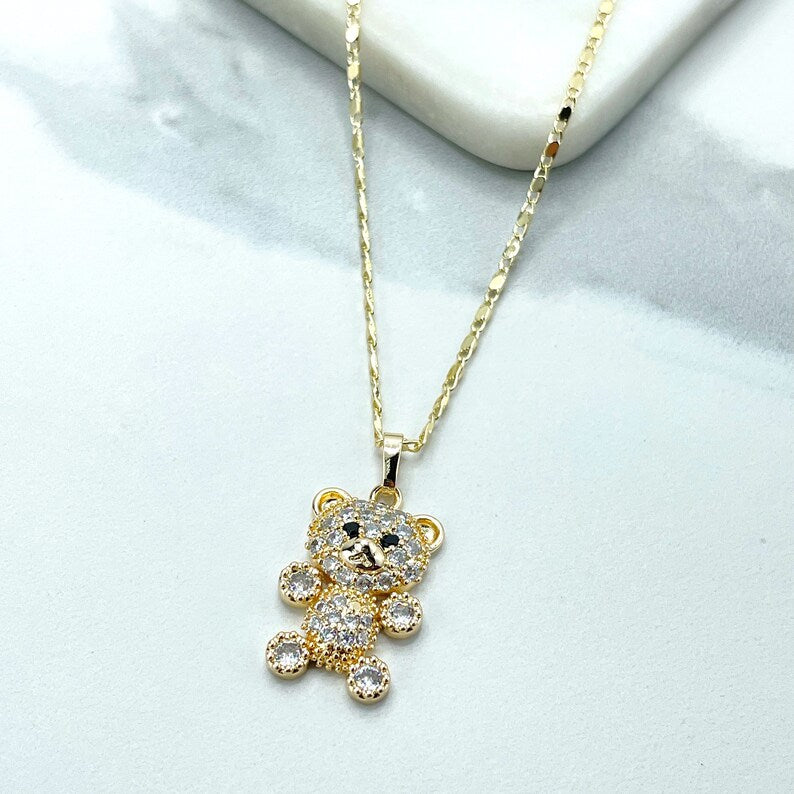 18k Gold Filled Cubic Zirconia Little Teddy Bear Shape Charm with Marine Chain Necklace & Huggie Earrings with Dangle Charms SET