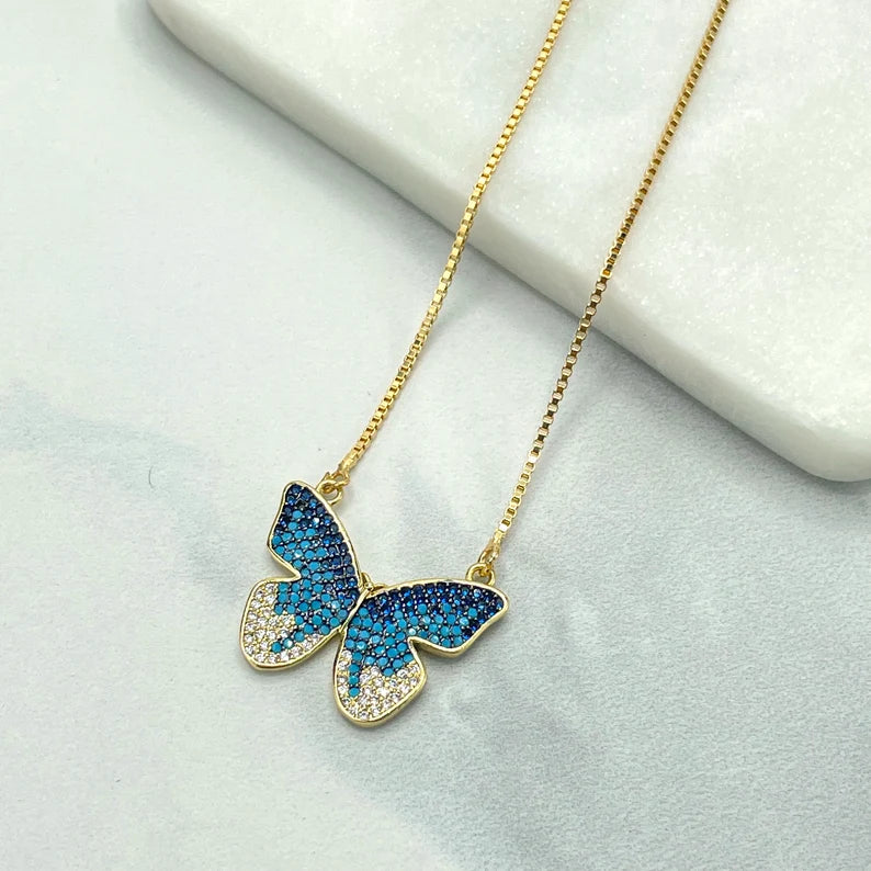 18k Gold Filled Blue and White Micro Pave Cubic Zirconia Butterfly Shape Charm with Box Chain Necklace, Wholesale