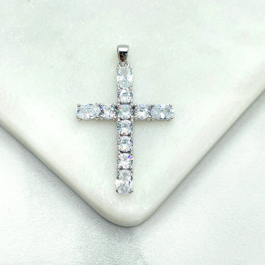 925 Sterling Silver Clear Cubic Zirconia Cross Shape Pendant Charm, Oval & Round Zirconias Shape, Wholesale