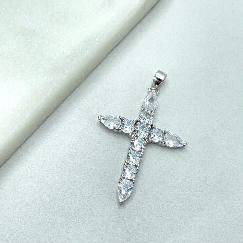 925 Sterling Silver Clear Cubic Zirconia Cross Shape Pendant Charm, Square & Tear Zirconias Shape, Wholesale