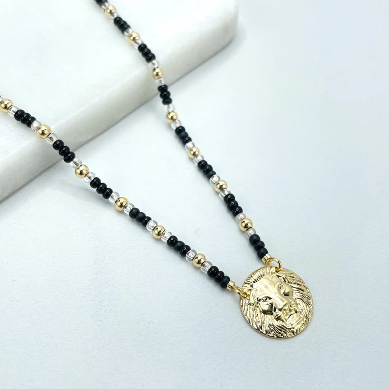 18k Gold Filled Beaded Necklace with Lion Head Round Shape Pendant