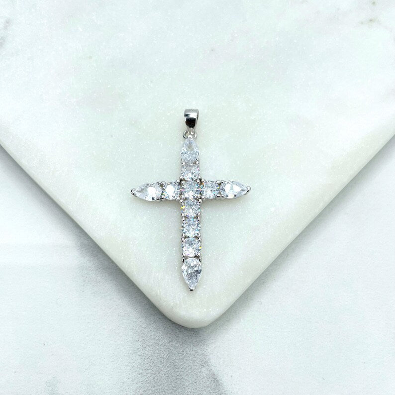 925 Sterling Silver Clear Cubic Zirconia Cross Shape Pendant Charm, Square & Tear Zirconias Shape, Wholesale
