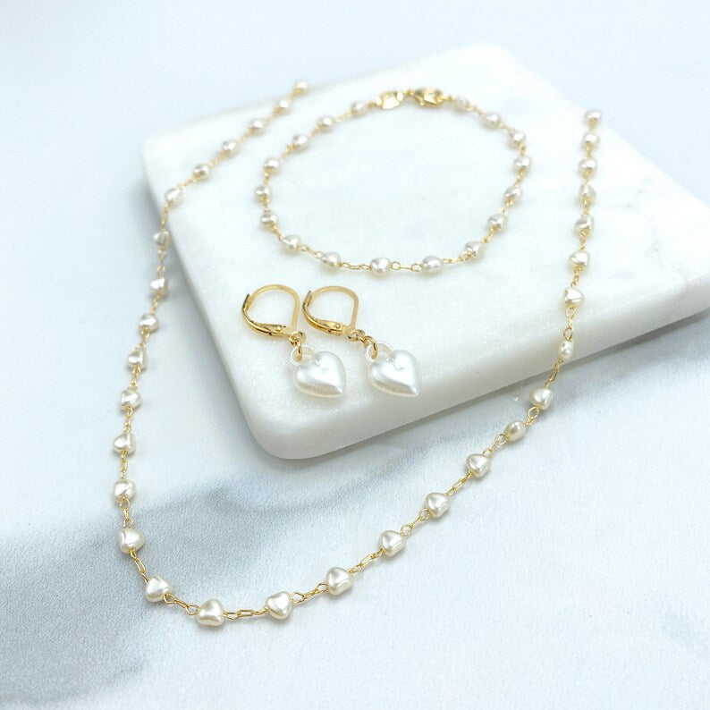 18k Gold Filled Heart Shape Pearl Chain, Bracelet, or Dangle Earrings
